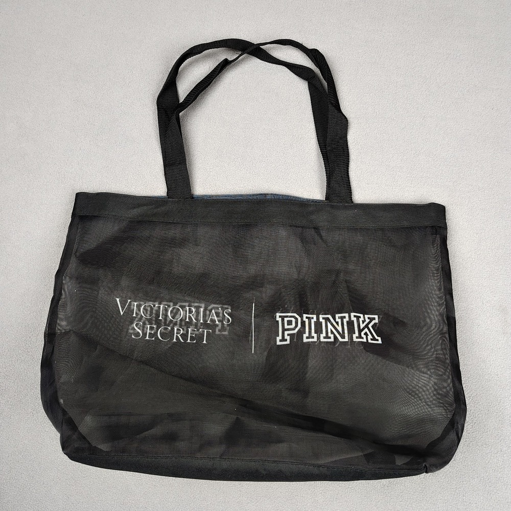 Victorias Secret Pink Tote Beach Bag Black Mesh XL Travel Carry All BIG Open Top